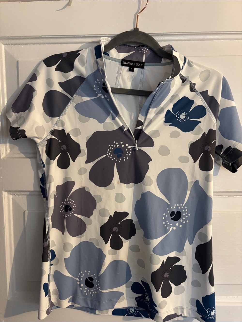 Swannies Golf Women's Blue Floral Short Sleeve Zip Polo